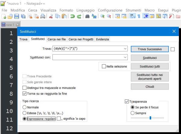 Html, Come cancellare tutti gli stili con le Espressioni Regolari in Notepad++.