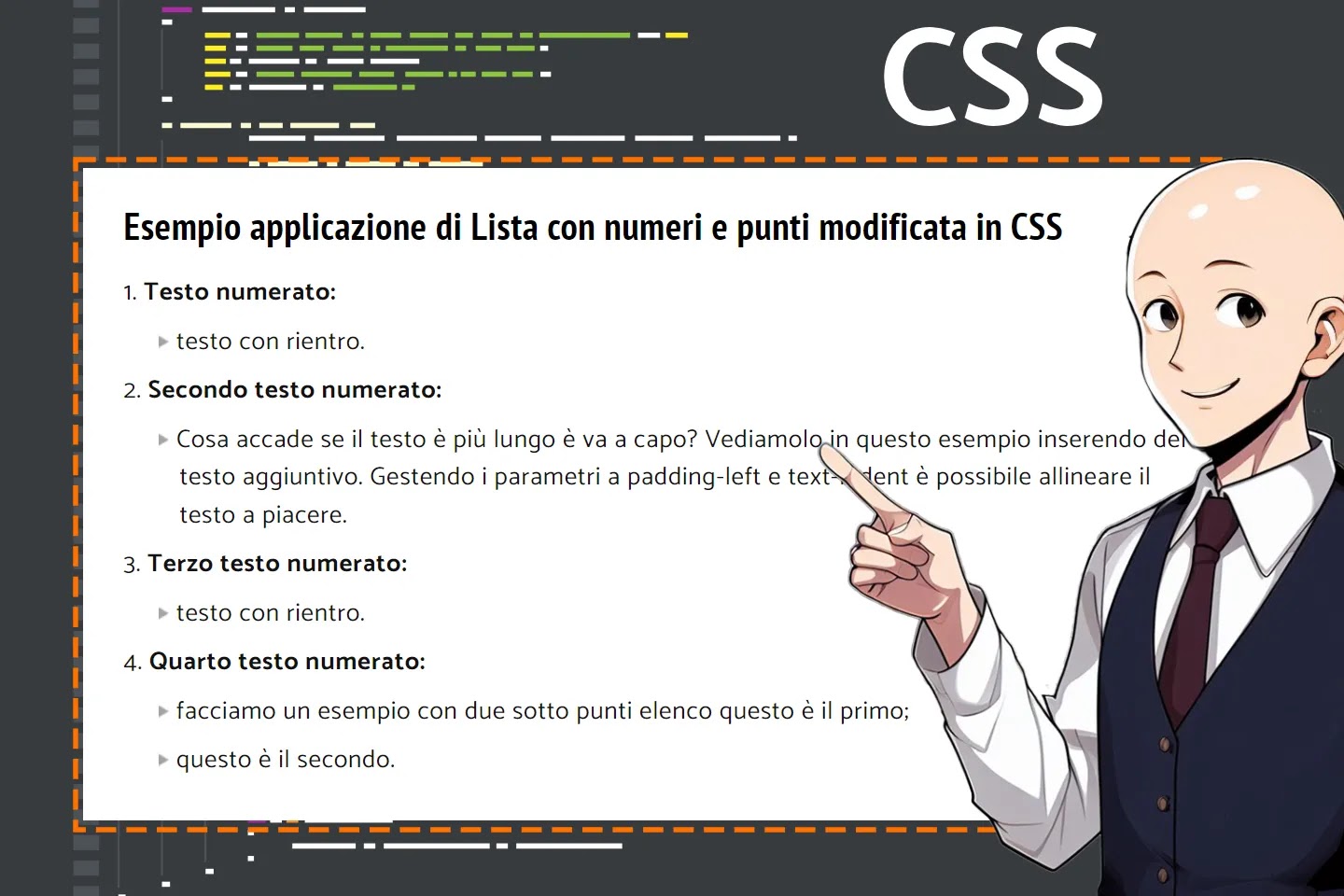 Esempio di Lista con numeri e punti modificata in CSS